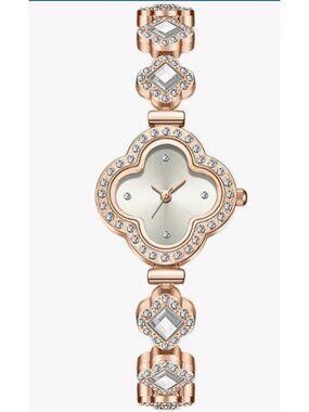 Elegant Rose Gold Crystal Watch With Clover Dial & Diamond Accents For Women